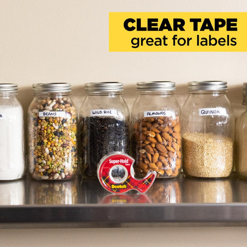 Super Hold Tape With 50 Percent More Adhesive, Clear Finish displayed with labeled jars on shelf