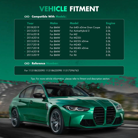 Get That Whip Running Crisp With Premium 11518635090 Auxiliary Water Pump For BMW 328i 335i 435i 640i Gt Xdrive Coupe And Wagon Direct Replacement 2012 2019 vehicle fitment chart with BMW models and engine details.