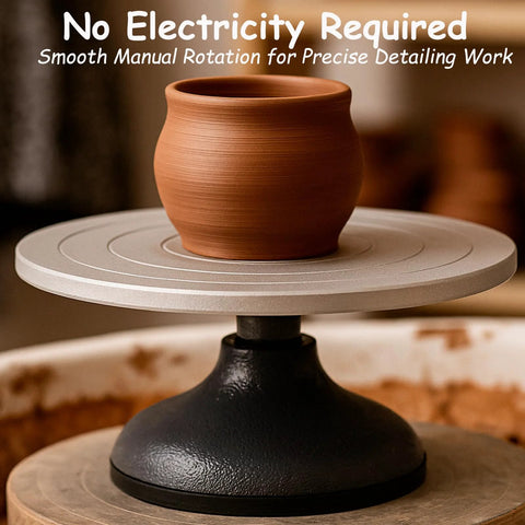 Front view of a 7-inch sculpting wheel turntable with all-metal construction and a clay pot on top.