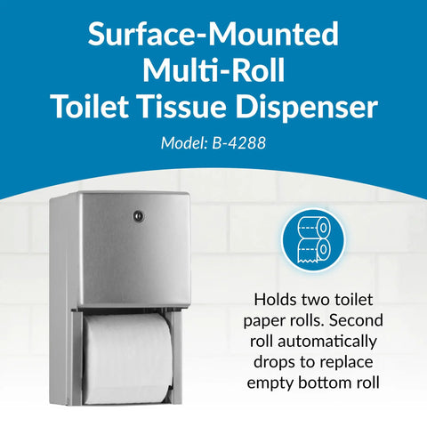 Surface Mounted Dual Roll Toilet Paper Dispenser In Satin Stainless Steel, ADA Compliant, Holds Two Standard Rolls
