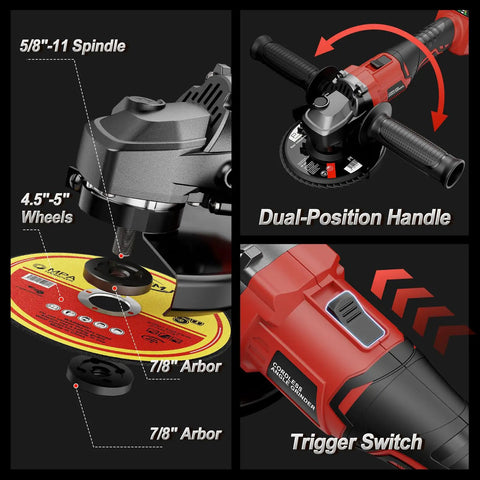 Cordless Angle Grinder With 18V Battery Compatibility, 3-Variable Speed Brushless Motor Up To 8500 RPM, 5/8-11 Spindle Details