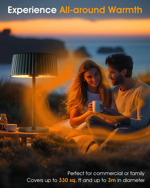 Couple enjoying warmth from Electric Outdoor Infrared Heater 1500W For Indoor And Outdoor Patio Use in a cozy patio setting.