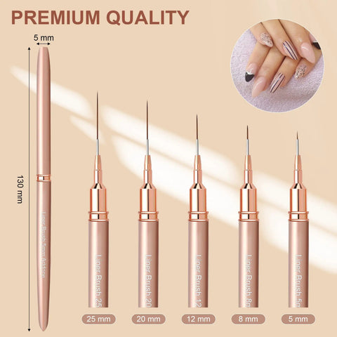 Gold Metallic Nail Art Pens And Liner Brush Set 5Pcs Premium Pro Grade Nail Tools with sizes 5mm to 25mm and easy grip handles.