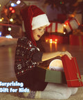 Child opening gift box with Kids Night Light With Remote And Timer, 360 Degree Rotation Projector With 3 Films inside.