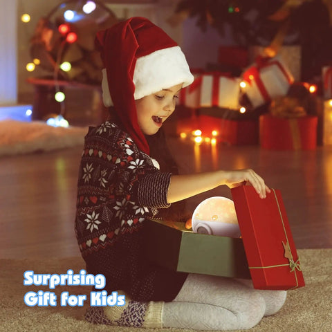 Child opening gift box with Kids Night Light With Remote And Timer, 360 Degree Rotation Projector With 3 Films inside.