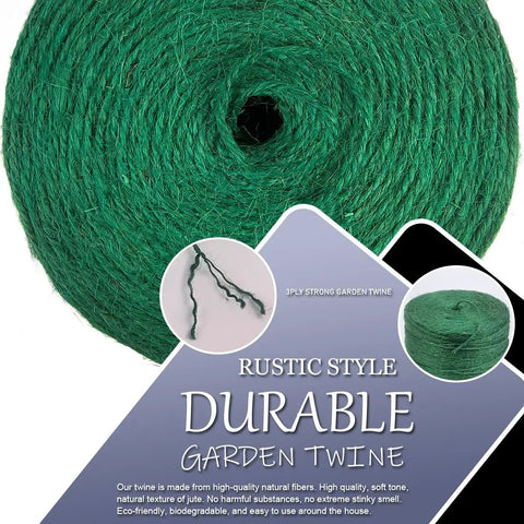 Close-up of roll of Natural Jute Garden Twine 800 Feet Green 2mm Thick for Plant Ties Tomato Climbing Floristry Gift Wrapping Packing Decor