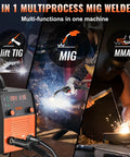 145 Amp Do-It-All 3-In-1 Welder Flux Core MIG, Lift TIG, Stick, IGBT Inverter torch in action, multiprocess display