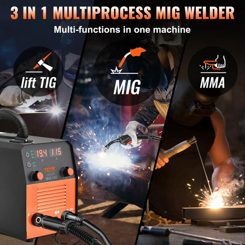 145 Amp Do-It-All 3-In-1 Welder Flux Core MIG, Lift TIG, Stick, IGBT Inverter torch in action, multiprocess display