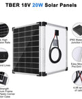 Angle view of 20W 18V solar panel with IP65 junction box, aluminum frame, and 4.9ft cable for cars and RVs.