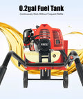 Back view of 52CC Gas Powered Tiller Cultivator For Lawn And Garden, highlighting 0.2gal fuel tank and air-cooled engine