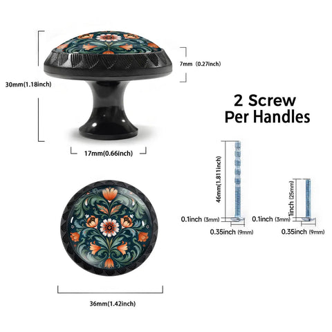 12 Pack Norwegian Rosemaling Folk Style Green Flower Cabinet Knobs dimensions with screws, round black dresser knob detail