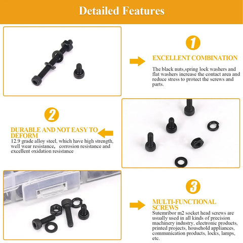 565 Piece M2 Hex Socket Head Cap Screws Nuts Washers Set Black Fully Threaded With M2 Four To Twenty Millimeter Sizes
