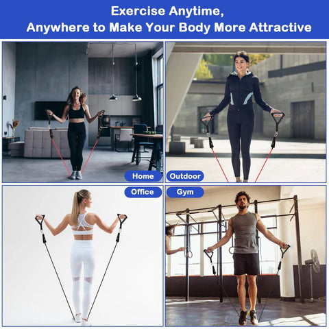 Women and men using resistance bands indoors and outdoors for exercise