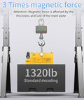 Powerful 440 lb Neodymium Magnetic Lifter With Release Handle And Steel Hook holding steel plate in workshop setup