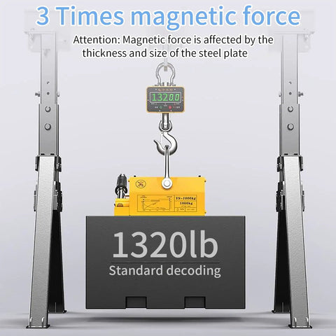 Powerful 440 lb Neodymium Magnetic Lifter With Release Handle And Steel Hook holding steel plate in workshop setup