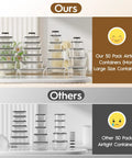Comparison of Airtight 50 Piece Food Storage Set with lids for meal prep, showcasing size differences in two stacked sets.