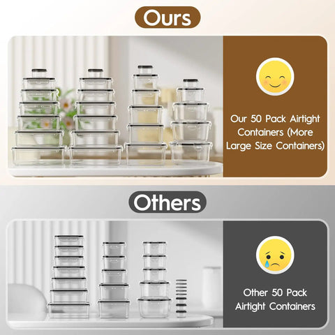 Comparison of Airtight 50 Piece Food Storage Set with lids for meal prep, showcasing size differences in two stacked sets.