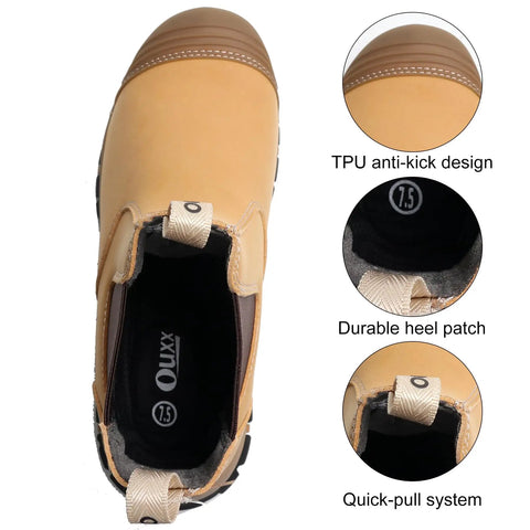 Top view of Mens 6 Inch Steel Toe Slip On Work Boots Chelsea Waterproof Safety Footwear with durable heel patch and quick-pull system.