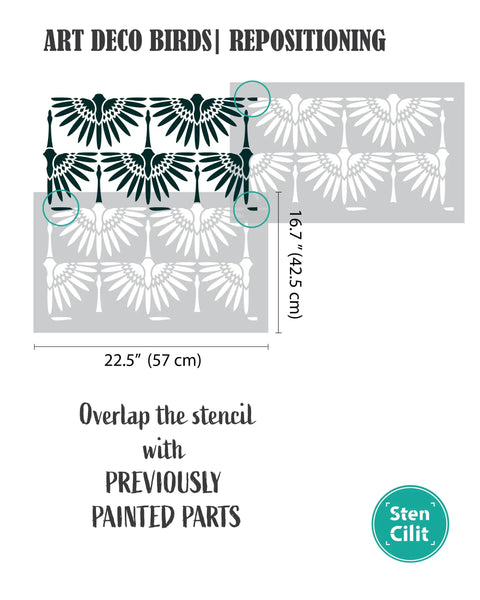 Art Deco Cranes Wall Stencils 2 Pack Large 16.7 By 22.5 Inch overlapping instruction diagram for painting walls.