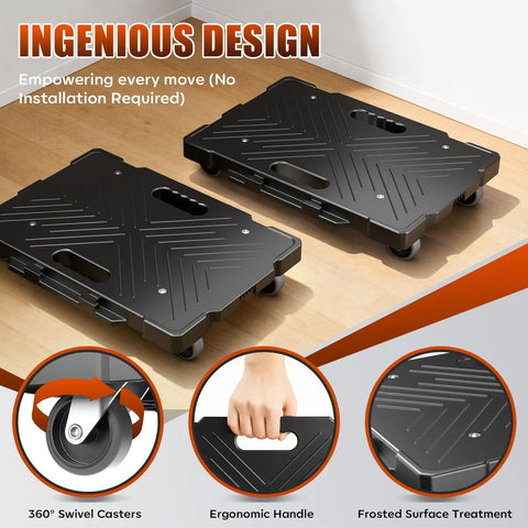 Heavy Duty Interlocking Furniture Dolly 2 Pack Slick Rolling Casters Designed For Moving Big Appliances And Overweight Loads Without Breaking A Sweat, featuring smooth surface and 360-degree swivel casters.