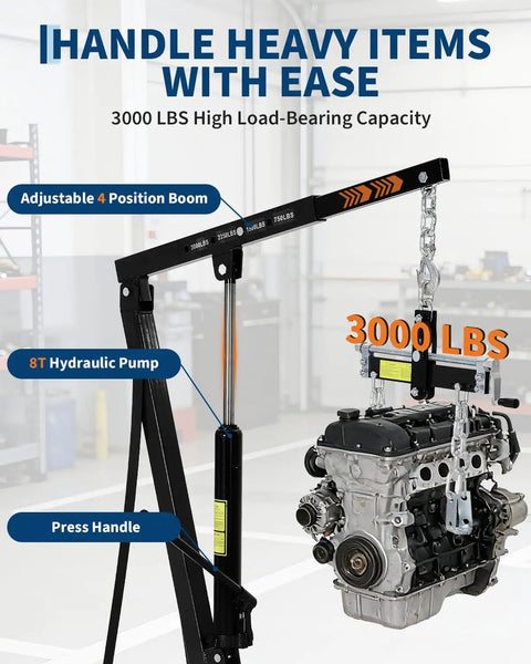 Shop Grade Hydraulic Engine Hoist Cherry Picker Crane With Rock Solid 3000 Lbs Lifting Capacity to effortlessly swap motors and haul heavy auto parts in black finish.