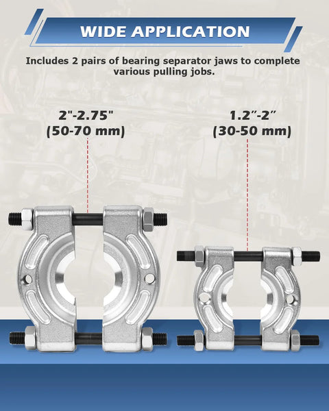 DAYUAN bearing separator puller set: two silver steel splitters with bolts for 50–70 mm and 30–50 mm bearings.