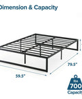 Queen Size Metal Platform Bed Frame With Reinforced Steel Slat Support And Absolutely No Box Spring Required No Sweat Assembly Heavy Duty Durable Mattress Foundation Built Like A Tank with dimensions and 700 lb capacity.
