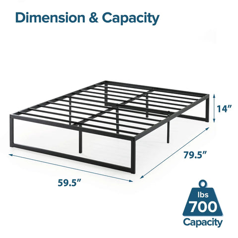 Queen Size Metal Platform Bed Frame With Reinforced Steel Slat Support And Absolutely No Box Spring Required No Sweat Assembly Heavy Duty Durable Mattress Foundation Built Like A Tank with dimensions and 700 lb capacity.