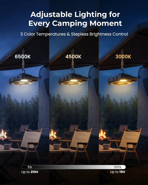 12000mAh Rechargeable Portable Fan with LED Lantern showing adjustable lighting for camping with three CCT modes