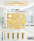 Nifty Mini Brass Hinges 18 X 15 Mm Bulk Pack Of 30 Rock Solid Vintage Hardware showing dimensions and included nails.