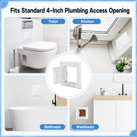 12 Pack White Plastic 4x4 Access Panels for Drywall Ceilings with a Nifty Hidden Hinge Mechanism shown in installation examples.