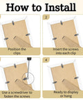 Gunmetal picture frame turn-button fasteners set with 100 backing clips and screws; four-step installation diagram