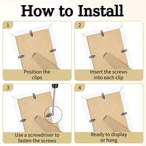Gunmetal picture frame turn-button fasteners set with 100 backing clips and screws; four-step installation diagram