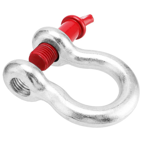 Rock Solid One Inch Bow Shackle With Screw Pin For Heavy Duty Marine Rigging Car Hauling And Construction Jobs, alloy steel, red screw pin, close-up detail.