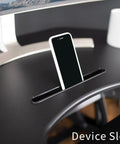 Phone in slot on 43 Inch Corner Electric Height Adjustable Desk Riser For Dual Monitors, VE Series Black Finish