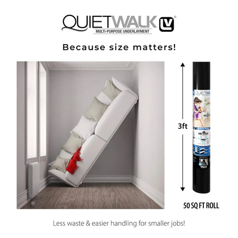 Heavy Hitter Underlayment Roll For Luxury Vinyl Plank Laminate And Engineered Wood Floors Sound Blocking Dense Comfort 50 Square Foot Spool next to a couch.
