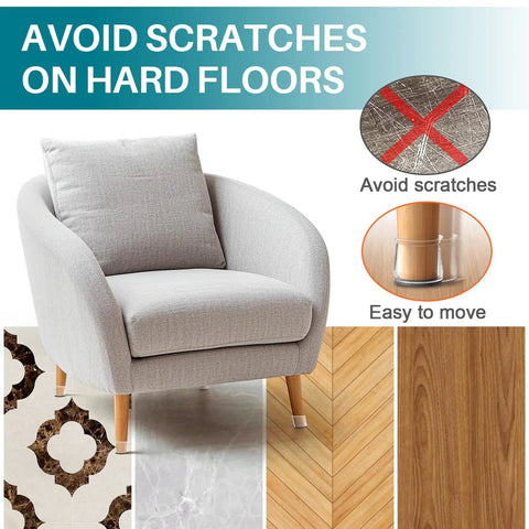 Gray chair on wood floor with silicone felt leg protectors. Text: Avoid Scratches on Hard Floors. 24 Pack Round Silicone Felt Chair Leg Protectors For Hardwood Floors Soft Pad Caps That Slip On And Stay Put Fits 1 5 16 Inches To 2 Inches Quiet Glide Floor Saver For Chairs Tables Desks And Sofas.