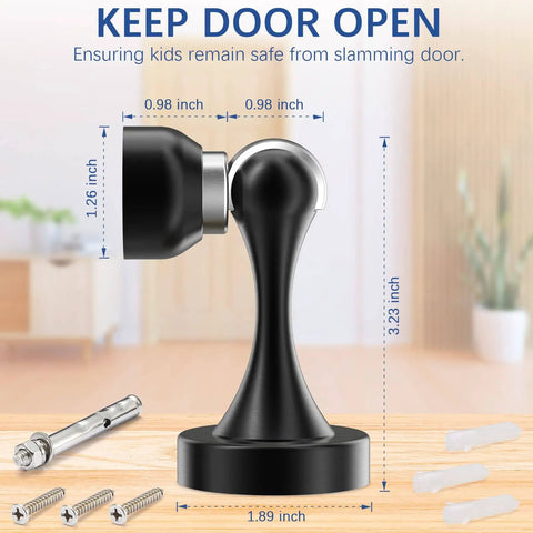 Stainless Steel Magnetic Door Stop Heavy Duty For All Door Types Keeps Doors Open Wall Mount Door Holder Catch Rust Proof SUS 304 Ideal For Home Office And Apartment Use, shown with installation hardware on a wooden floor.