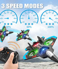 V32 Foam Remote Control Airplane With Light 360 Degree Flip Fighter Jet showcasing 3 speed modes during flight with controller.