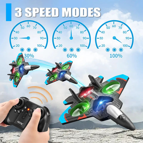 V32 Foam Remote Control Airplane With Light 360 Degree Flip Fighter Jet showcasing 3 speed modes during flight with controller.