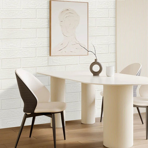 Bright dining room with 3D Wall Panels Peel And Stick Waterproof Faux Stone Self Adhesive 20 Pack In Rock Black installed on wall.