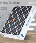 20x20x4 Pleated Air Filter MERV 12 Plus Carbon 2 Pack Actual Size 19.5 x 19.5 x 3.63 showing airflow and particles