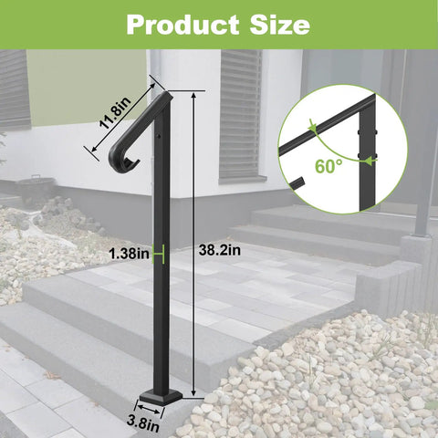 Heavy Duty Outdoor Stair Handrail For One To Two Steps, 38 Inch Wrought Iron Single Post, size and dimensions shown