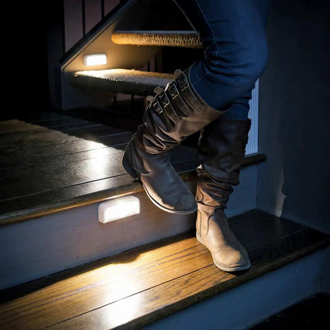 Wireless Motion Sensing LED Night Lights Six Pack Tiny Stick Anywhere White Battery Powered Auto On When Motion Is Detected In Darkness Great For Hallways Closets And Stairs illuminating steps