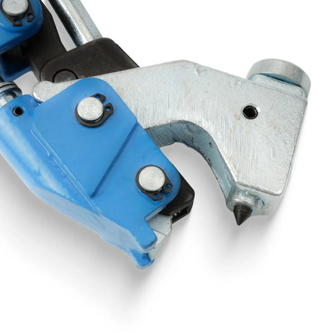 Heavy Duty Center Punch Tool With Adapter For Quick Clamp Setup Fits 3/8 Inch Wide Clamps Up To Eight Inches Diameter blue finish close-up view