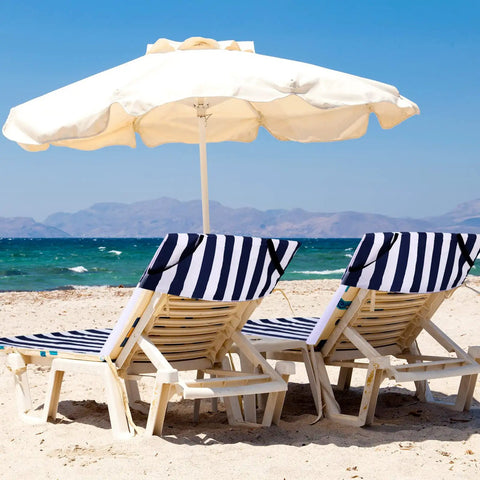 2 Pack Lounge Chair Covers 30 X 85 Inch Striped Navy Microfiber Towel on beach loungers under umbrella by ocean