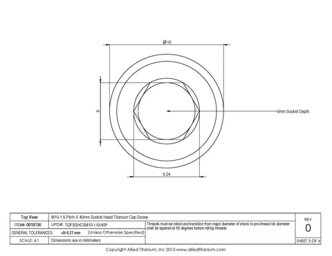 Top view of Heavy Duty Grade 2 Titanium M10 X 1.5 X 40Mm Socket Head Cap Screws for precise measurements and dimensions.
