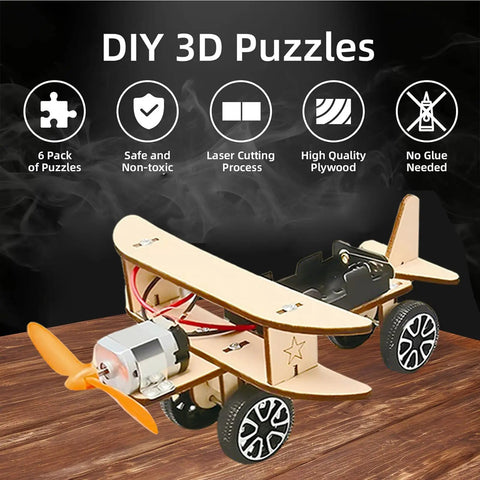 Six In One Wooden STEM Car Building Kit With Solar Helicopter And Wind Powered Car for kids ages 8 to 14 on wooden table