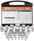 Heavy Duty BSPP Cap And Plug Kit For Hydraulic Systems, 56-Piece Galvanized Steel Fitting Set With Precision Threading displayed