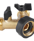 Heavy Duty Brass Garden Hose Splitter 2 Way Y Valve With Easy Grip Handle And Independent Shutoffs Lets You Run Dual Hoses From One Spigot Outdoor Faucet Splitter With Rubber Washers For Leak Free Watering, brass 2-way valve close-up